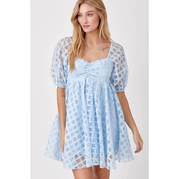 Babydoll Puff Sleeve Mini Dress Light Blue Sheer Princess Fairy Kawaii-S - Picture 12 of 13